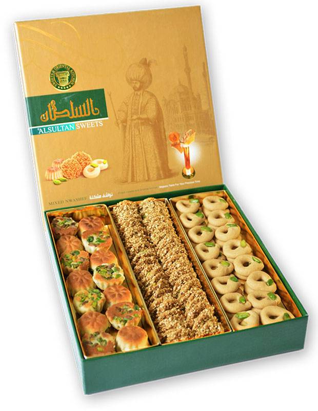 Al Sultan Sweets Nawashif Mixed, 750g.
Barazek, Ghraibeh and Maamoul 
