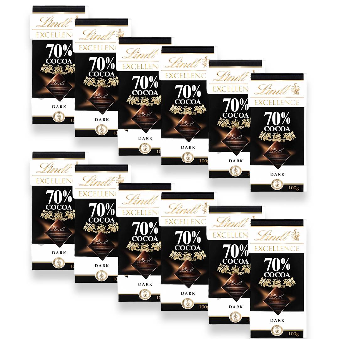 Lindt Excellence Dark 70% Cocoa Chocolate Bar 100g, 12 Pcs.
