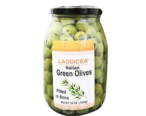 Laodicea Italian Green Olives- Pitted in Brien, 35 Oz.