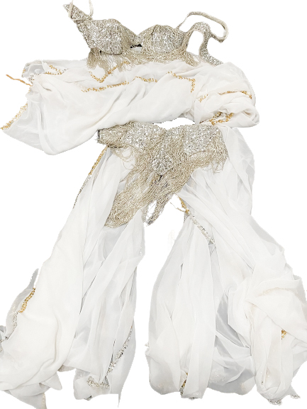 Belly Dance Costume for Women (Skirt-Top-Shaul-Belt) Irregular Ruffle Outfit (White x Silver)
