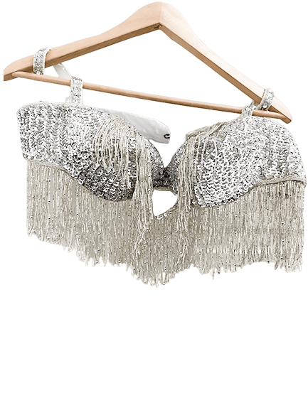 Belly Dance Costume for Women (Skirt-Top-Shaul-Belt) Irregular Ruffle Outfit (White x Silver)