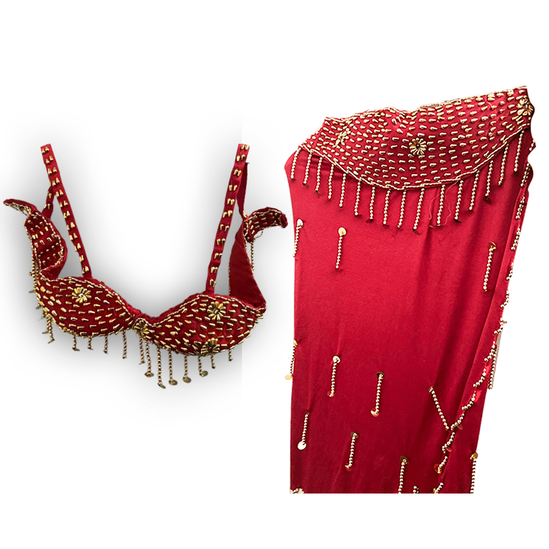Belly Dance Costume for Women (Skirt-Top) Irregular Ruffle Outfit (Red x Gold)