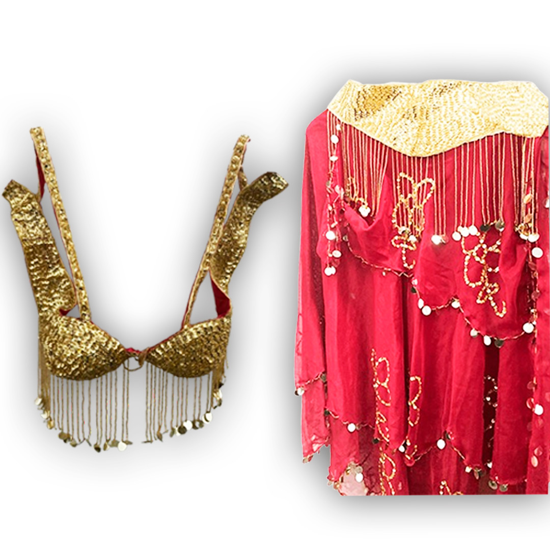 Belly Dance Costume for Women (Skirt-Top) Irregular Ruffle Outfit Red and Gold
