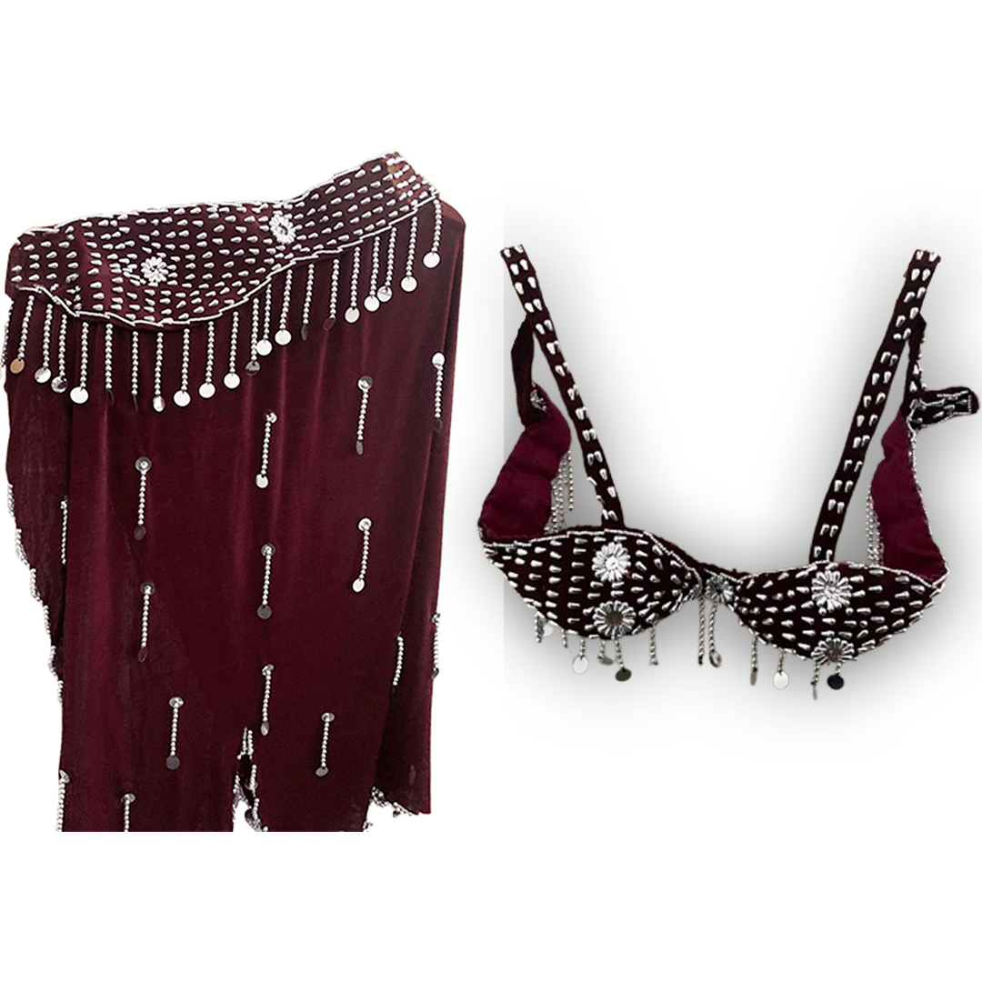 Belly Dance Costume for Women (Skirt-Top) Irregular Ruffle Outfit (Burgundy x Silver)
