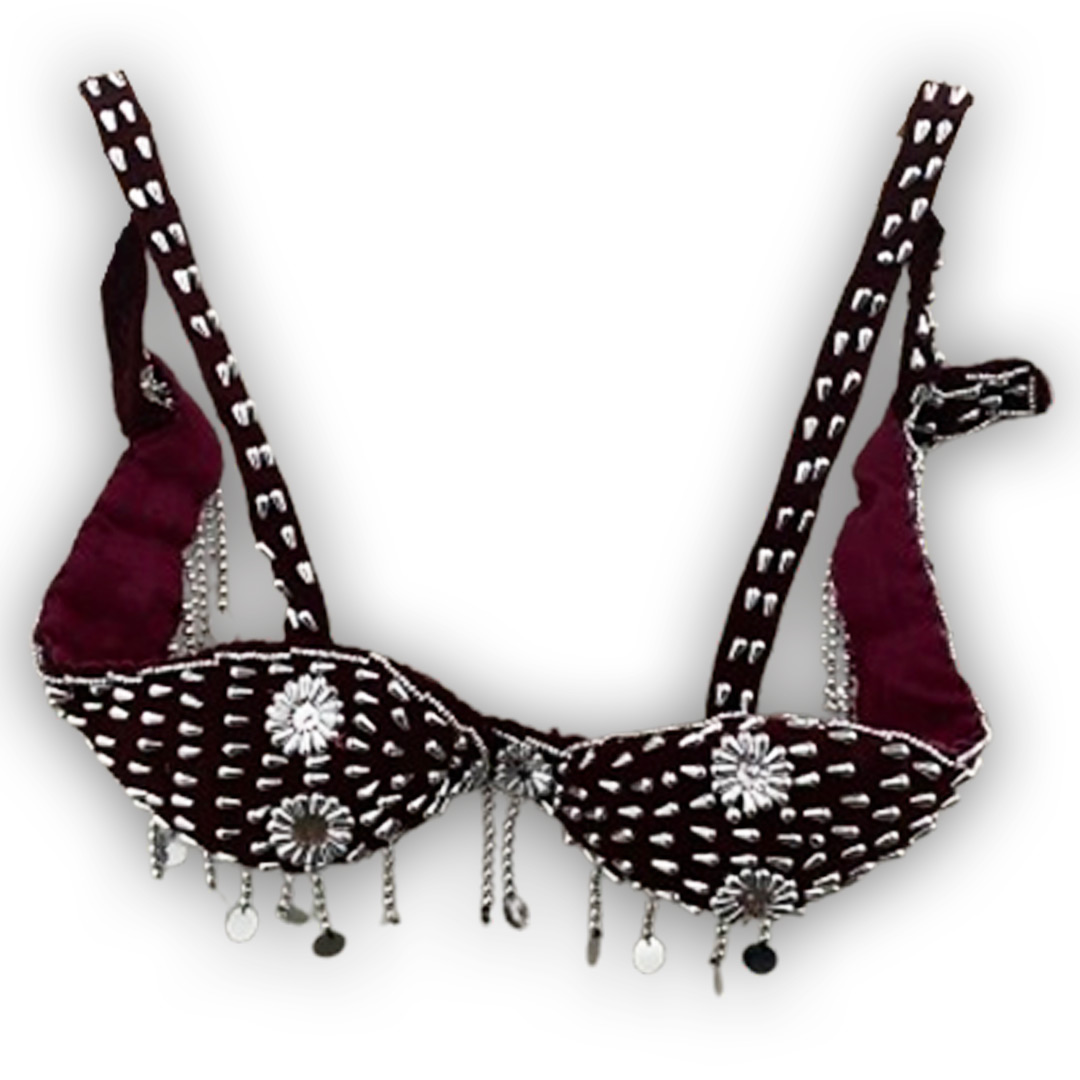 Belly Dance Costume for Women (Skirt-Top) Irregular Ruffle Outfit (Burgundy x Silver)