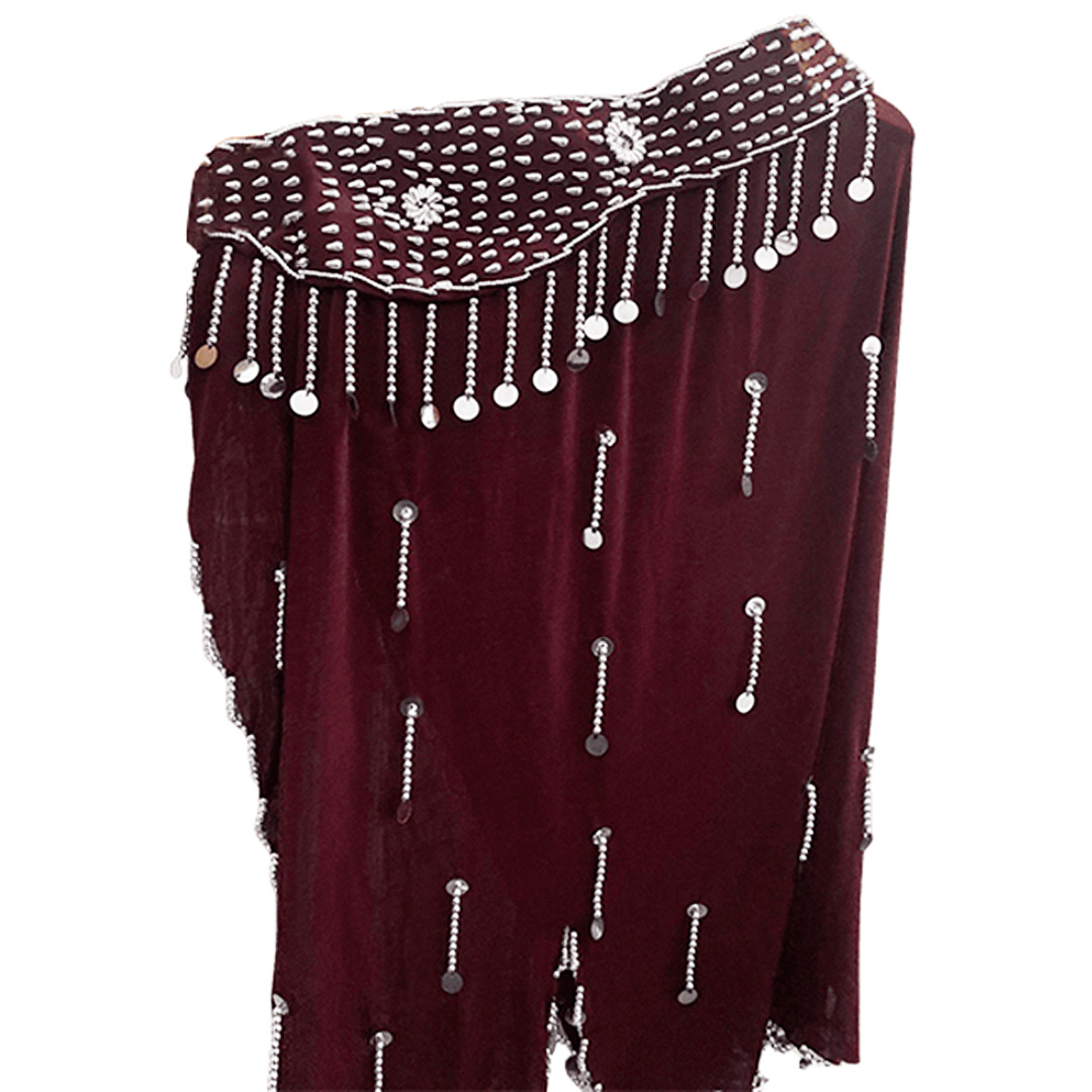 Belly Dance Costume for Women (Skirt-Top) Irregular Ruffle Outfit (Burgundy x Silver)