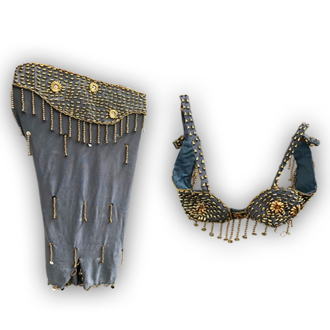 Belly Dance Costume for Women (Skirt-Top) Irregular Ruffle Outfit (Grey x Gold)