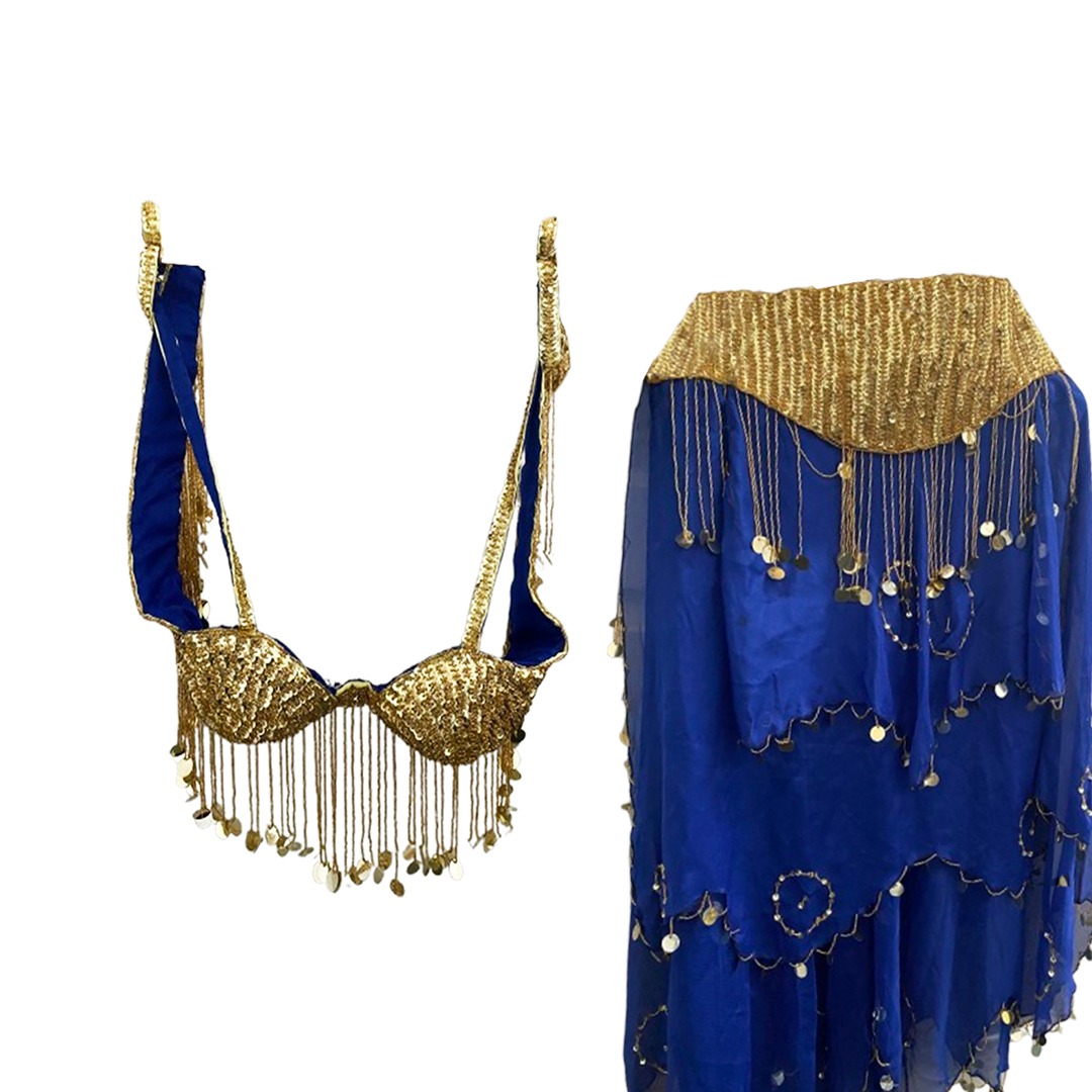 Belly Dance Costume for Women (Skirt-Top) Irregular Ruffle Outfit (Navy Blue x Gold)