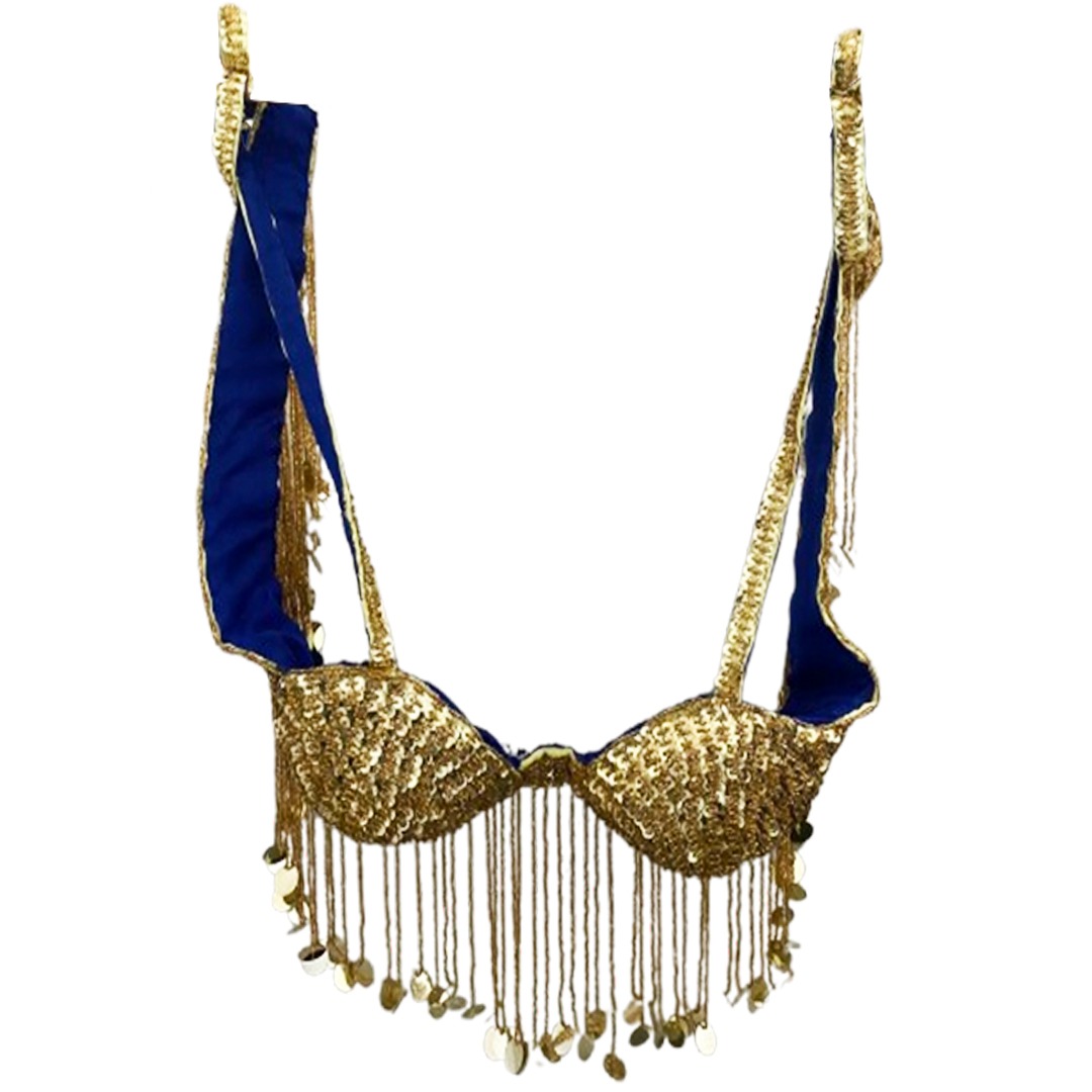 Belly Dance Costume for Women (Skirt-Top) Irregular Ruffle Outfit (Navy Blue x Gold)