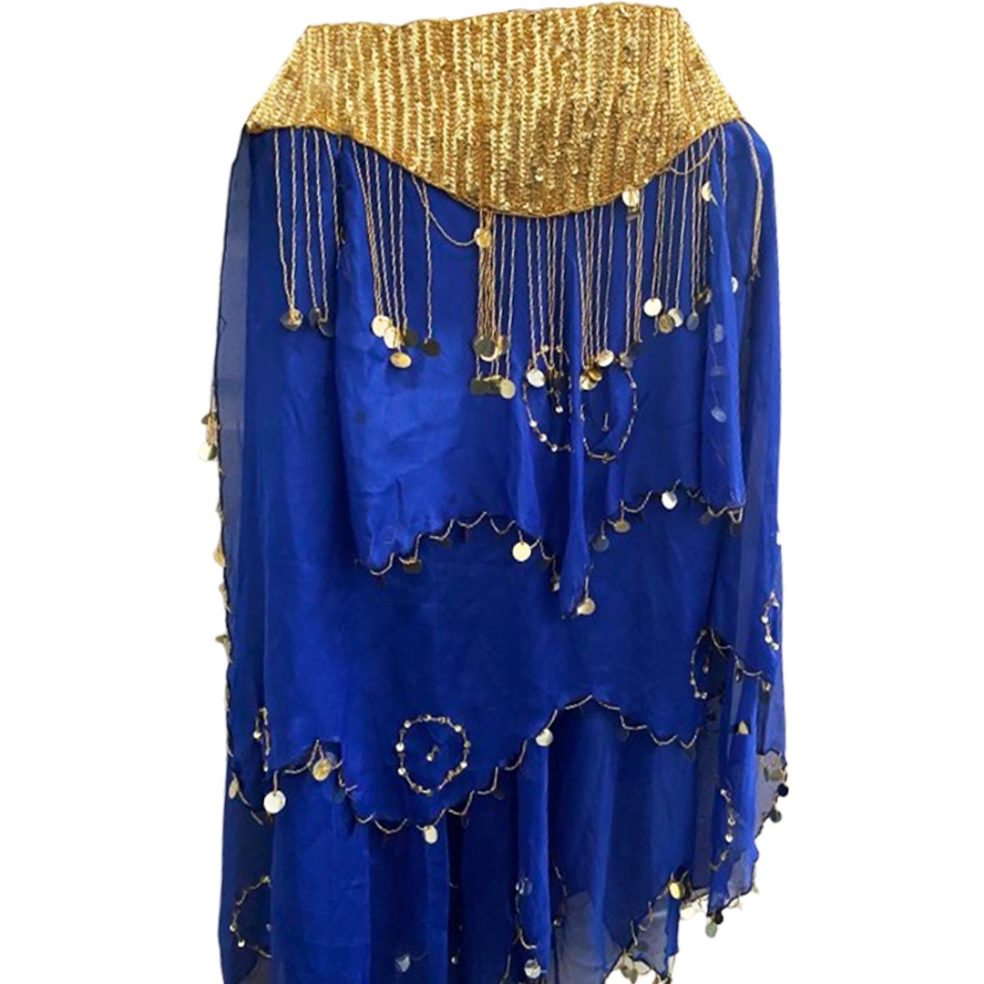 Belly Dance Costume for Women (Skirt-Top) Irregular Ruffle Outfit (Navy Blue x Gold)