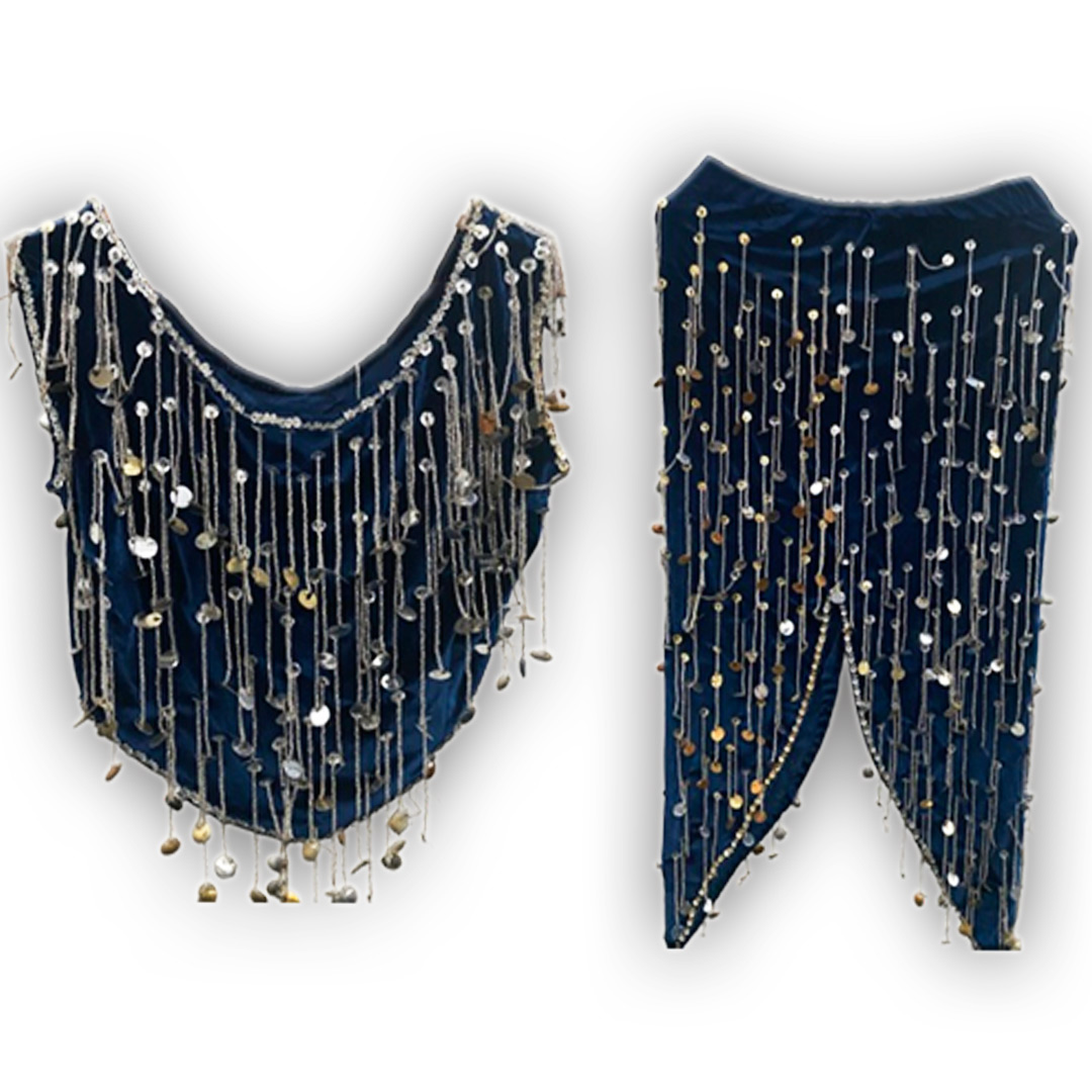 Belly Dance Costume for Women (Skirt-Top) Irregular Ruffle Outfit (Blue x Silver)