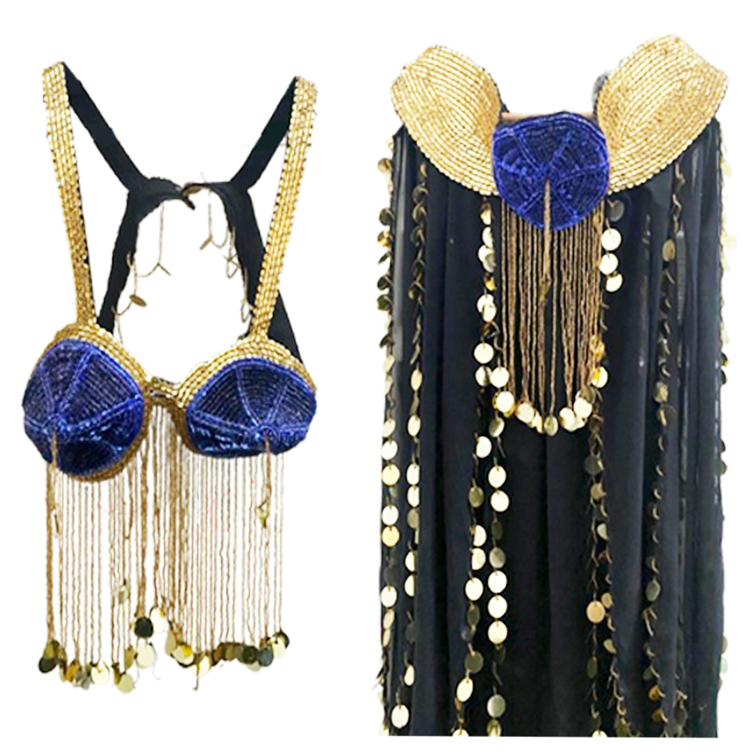 Belly Dance Costume for Women (Skirt-Top) Irregular Ruffle Outfit (Blue x Gold)