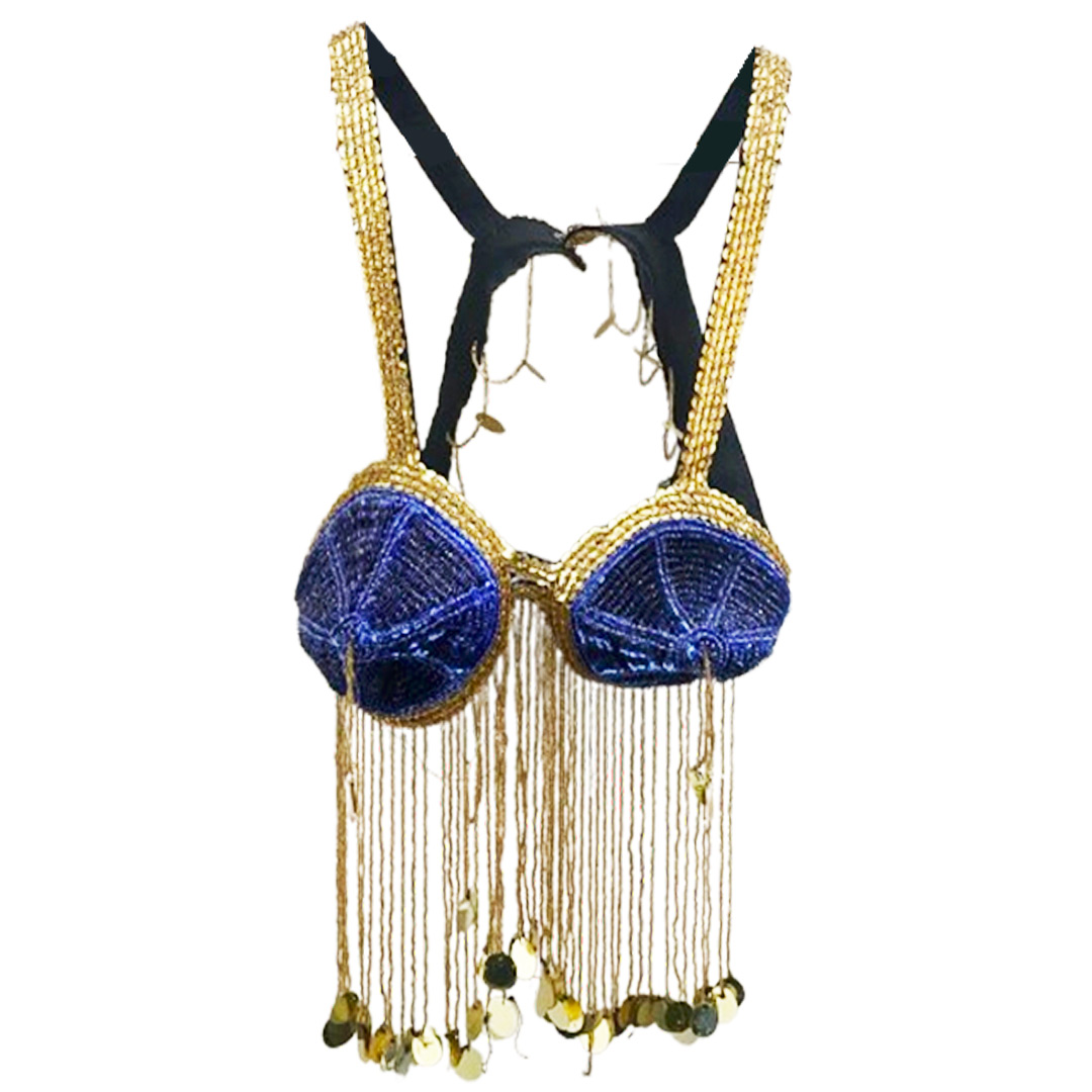 Belly Dance Costume for Women (Skirt-Top) Irregular Ruffle Outfit (Blue x Gold)