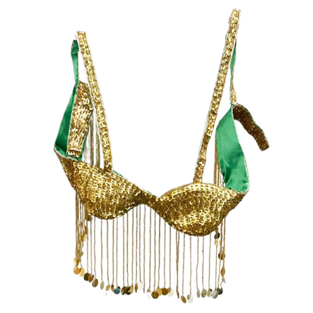 Belly Dance Costume for Women (Skirt-Top) Irregular Ruffle Outfit (Green x Gold)