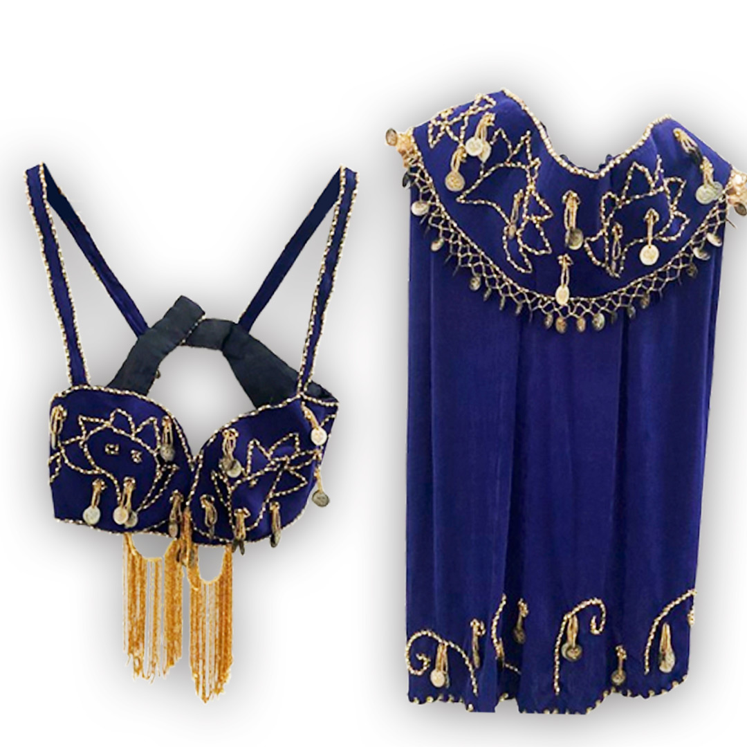 Belly Dance Costume for Women (Skirt-Top) Irregular Ruffle Outfit (Dark Blue x Gold)