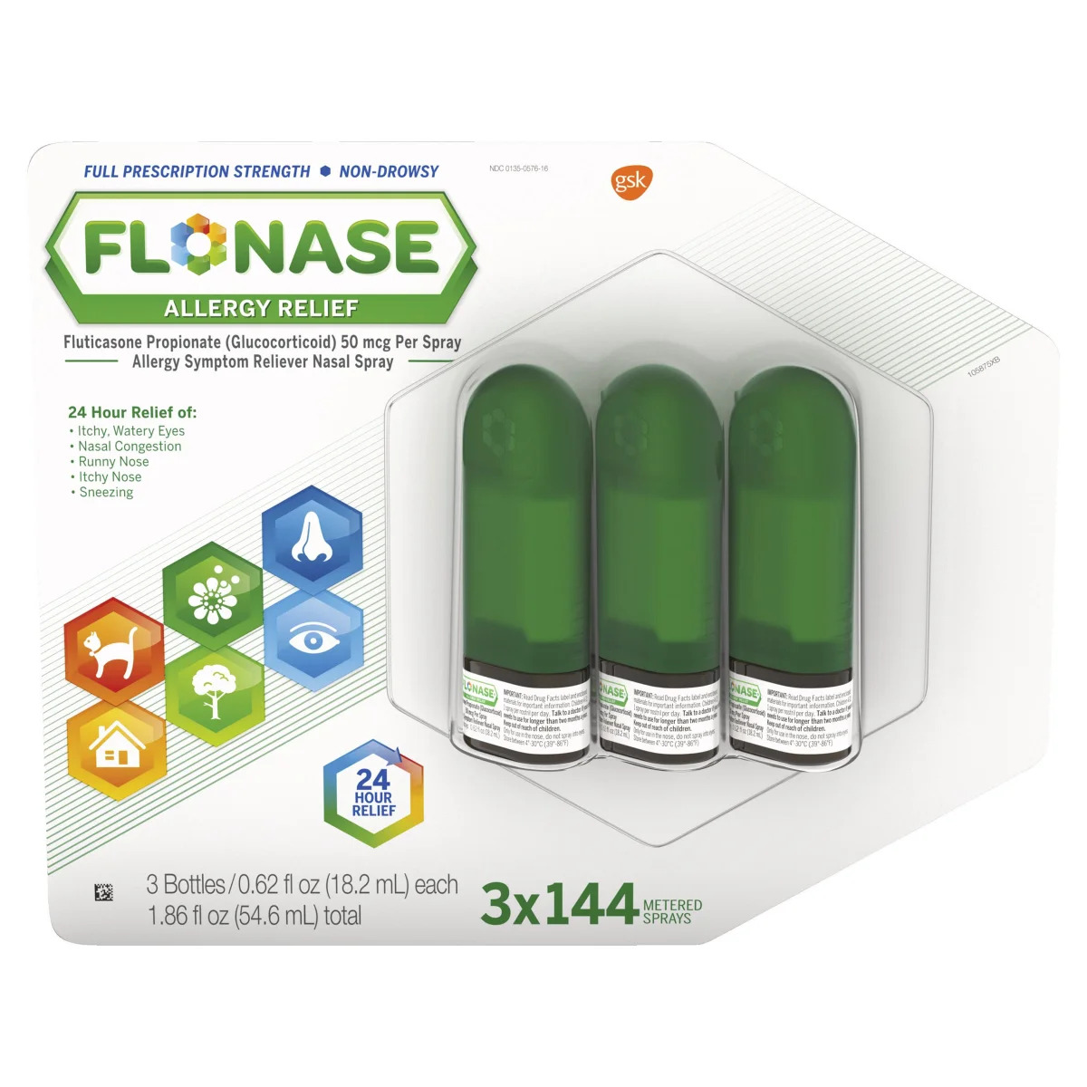Flonase Non-Drowsy 24 Hour Allergy Relief Nasal Spray, 432 Metered Sprays , 3 Bottles