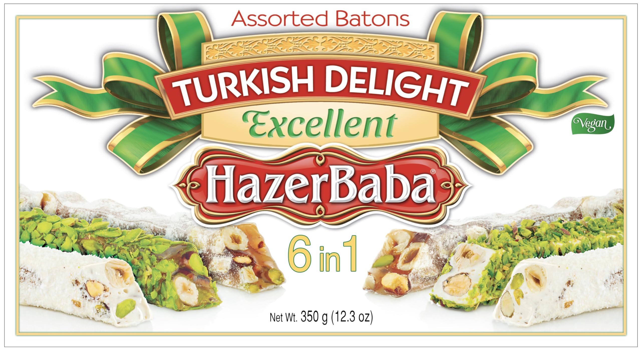 HAZERBABA Mixed Turkish Delight, Assorted Batons, 6 in 1 , 350g