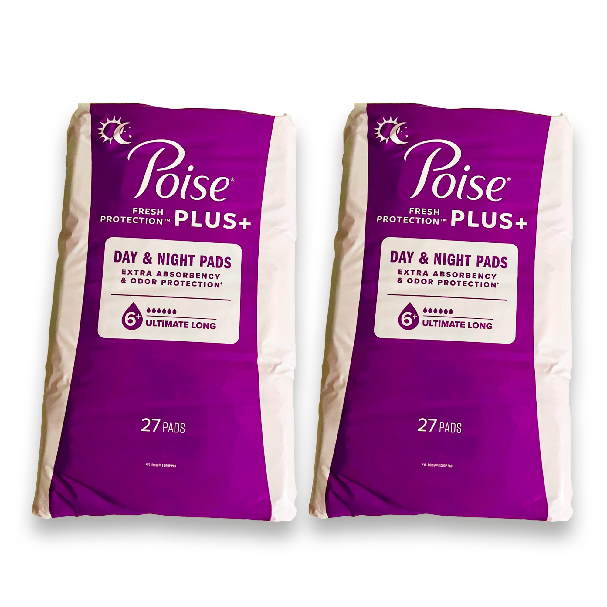 POISE PLUS Extra Absorbency 27 Pads Ultimate Long Length Pads Day & Night Time, 2 PACK