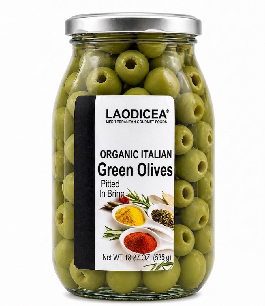 Laodicea Organic Italian Green Olives in Pitted Brine,(535g)