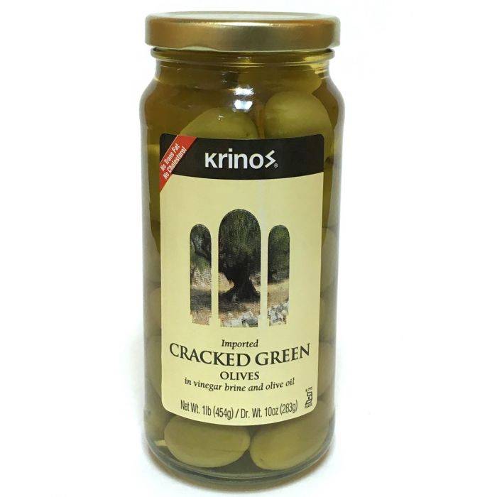KRINOS Greek Green Cracked Olives, 1 lbs.