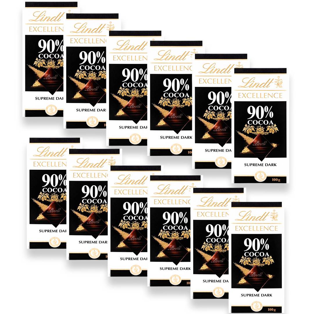Lindt Excellence Dark 90% Cocoa Chocolate Bar 100g, 12 Pcs.